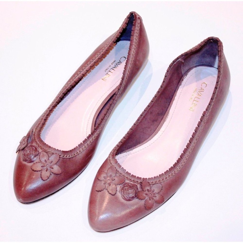 CAVALLINI ~ Italy BROWN Pointy FLORAL Flats SHOES Leather Upper LOW HEEL 37/6